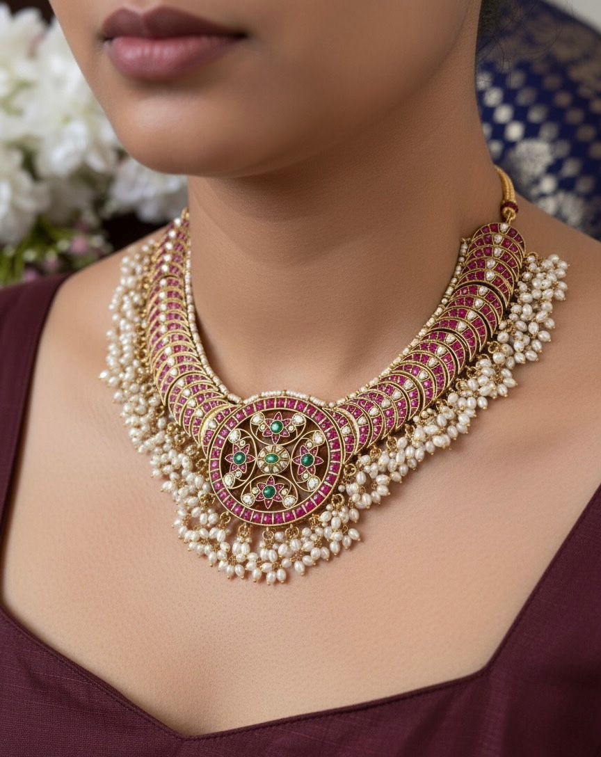 JADAU NECKSET WITH RICE PEARLS
